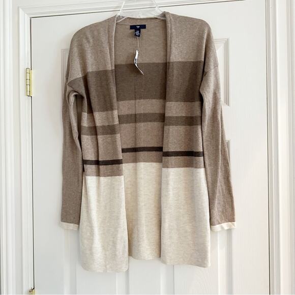 GAP tan striped long oversized open front Knit sweater Neutral Cardigan XS NWT - Picture 9 of 16